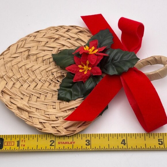 Vintage Wicker Poinsettia Christmas Fridge Magnet with Red Bow Holiday Decor - Picture 3 of 6
